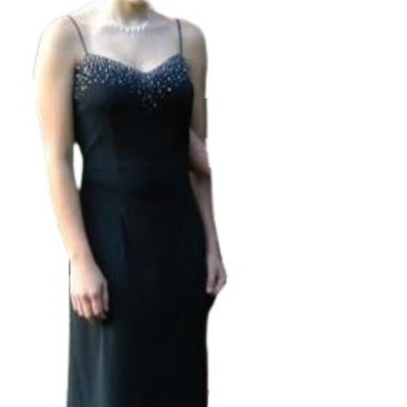 DJ Nights Laura Ryner Y2K Long Black Spaghetti Strap Beaded Prom Dress Gown -LNC - Picture 2 of 10